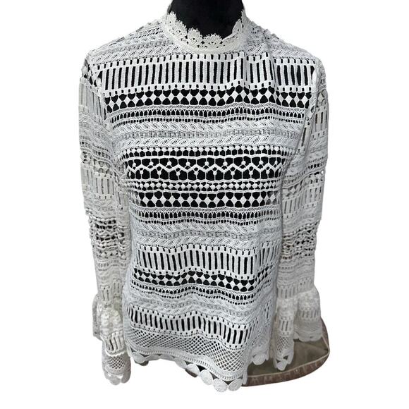 Lace Pull Over Blouse Top High Neck Bell Sleeves Sheer White Med Boho Y2K hippie - Picture 1 of 10